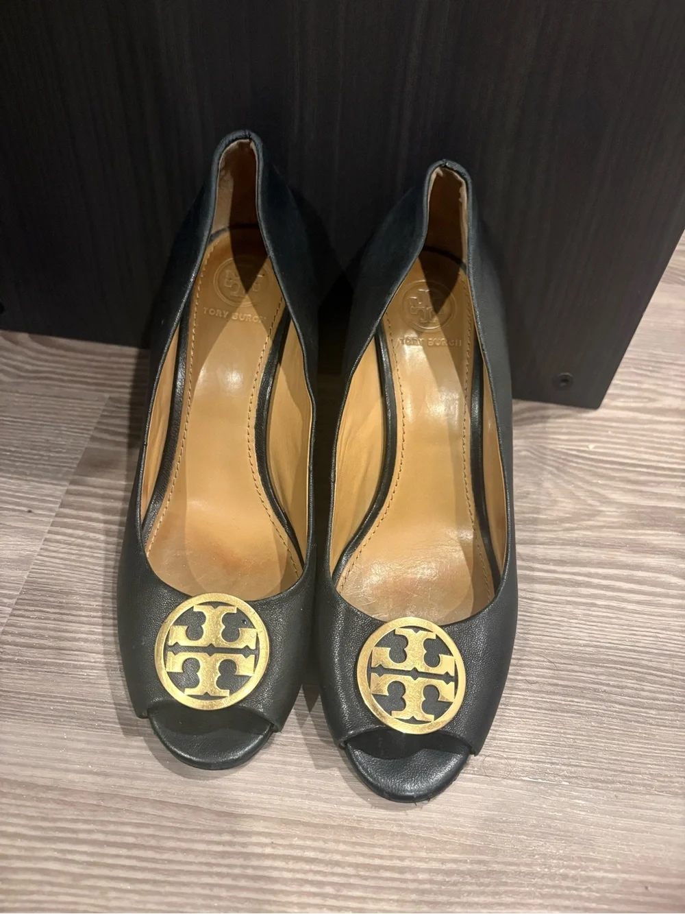 Tory Burch Black Leather Peep-Toe Pumps with Gold Logo Medallions